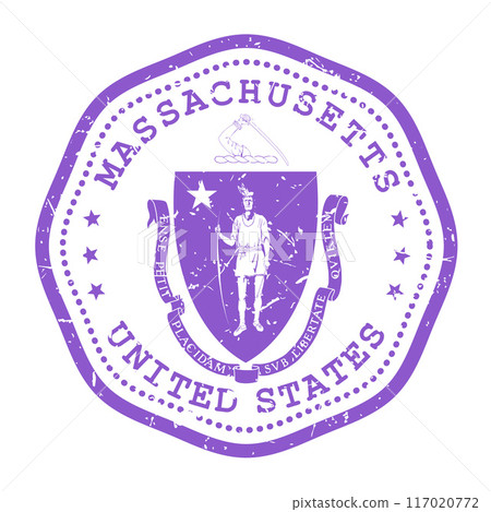 Massachusetts state stamp with seal, USA travel stamp, shabby postmark of Massachusetts, vector Massachusetts state stamp with seal, USA travel stamp, shabby postmark of Massachusetts, vector 117020772