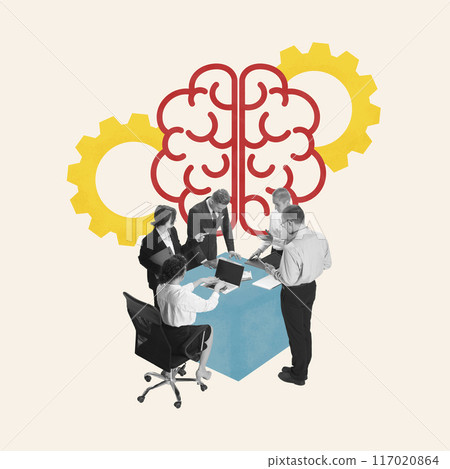Contemporary art collage. Colleagues, businessmen working in team engaged in process of brainstorming of project development against beige background. 117020864