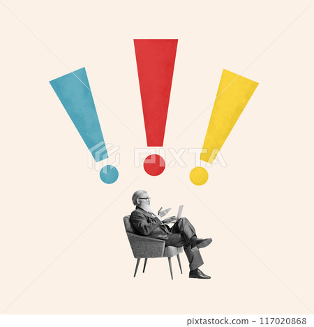 Contemporary art collage. Businessman sitting on chair, in monochrome using laptop, with colorful attention marks above him against beige background. Contemporary art collage. Businessman sitting on chair, in monochrome using laptop, with colorful attention marks above him against beige background. 117020868