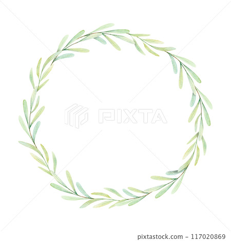 Watercolor Botanical illustration of olive leaves, branch wreath for wedding invitation and cards, logo design, web, social media and posters template. Elegant minimal style floral isolated. 117020869