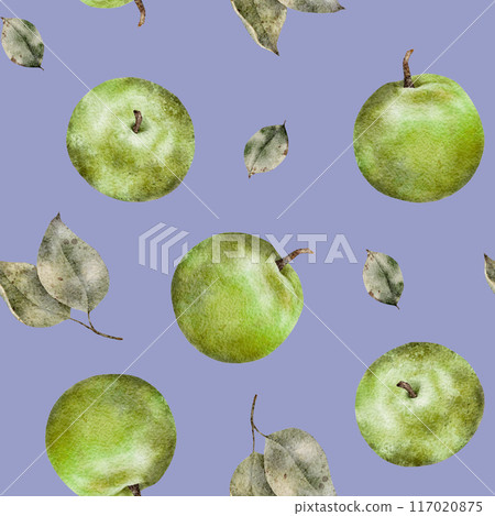 Seamless pattern of fresh green apples with leaves. Food texture. Repeating red, juicy apples whole. Watercolor Illustration fruit for juice pack, tablecloth, cover, apron, apple picking or food 117020875
