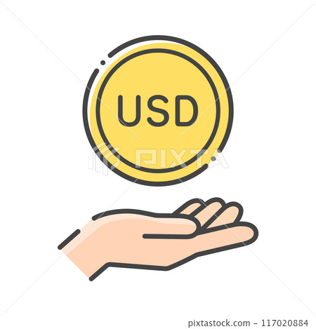 Simple icon of a coin with the letters USD and a human hand - Image of Japanese money and foreign currency deposits 117020884