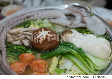 Korean style hot pot with octopus, mushrooms and vegetables 117020885