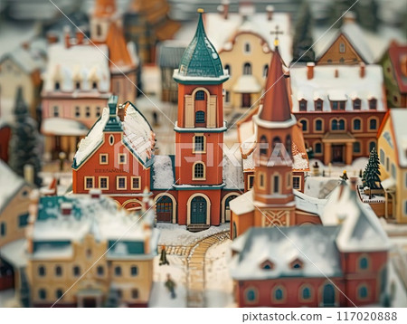 Miniature model of houses on a background of snowy winter cute city landscape. Tilt-shift  Christmas small town 117020888