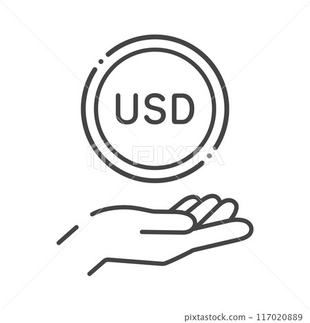 Simple icon of a coin with the letters USD and a human hand - Image of Japanese money and foreign currency deposits Simple icon of a coin with the letters USD and a human hand - Image of Japanese money and foreign currency deposits 117020889