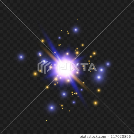 Bright purple and yellow starburst with glowing sparkles on a transparent background. Vector Bright purple and yellow starburst with glowing sparkles on a transparent background. Vector 117020896