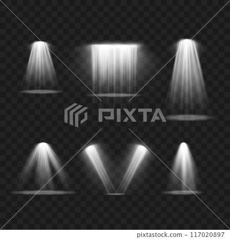 Various white spotlight effects with light beams on a transparent background. Vector Various white spotlight effects with light beams on a transparent background. Vector 117020897