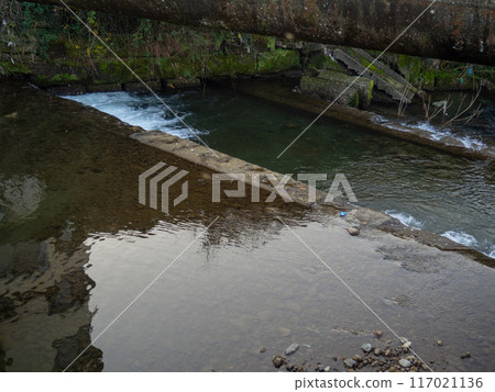 Heating main over the stream. Industry and nature.  Concrete rapids on the river 117021136