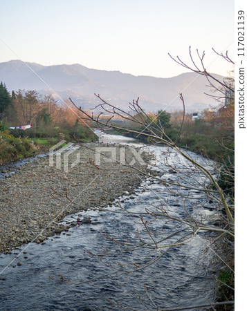A shallow fast river. Stream with shallows. Fast river in the city. 117021139