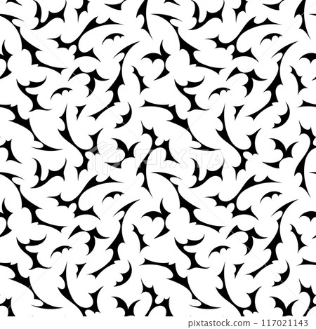 Neo tribal y2k tattoo shape. Seamless white pattern in cyber sigilism style . Repeating print for fabric, wrapping paper, textile Neo tribal y2k tattoo shape. Seamless white pattern in cyber sigilism style . Repeating print for fabric, wrapping paper, textile 117021143
