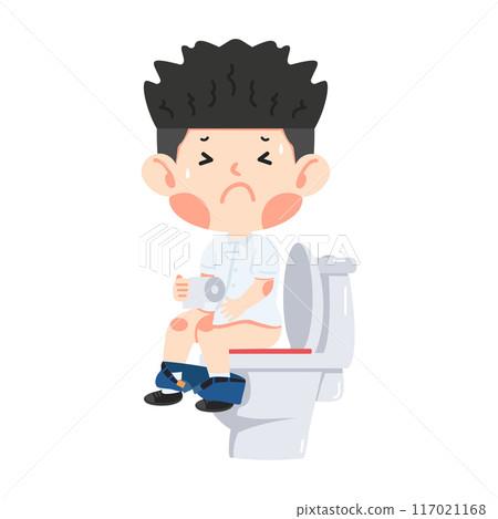 Kid sits on the toilet holding a roll of paper 117021168