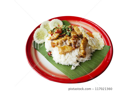 Isolated Thai food on white background. Image of stir-fried crispy pork with holy basil over jasmine rice and fried egg with sliced cucumbers. Food on banana leaf in Thai style vintage tray. 117021360