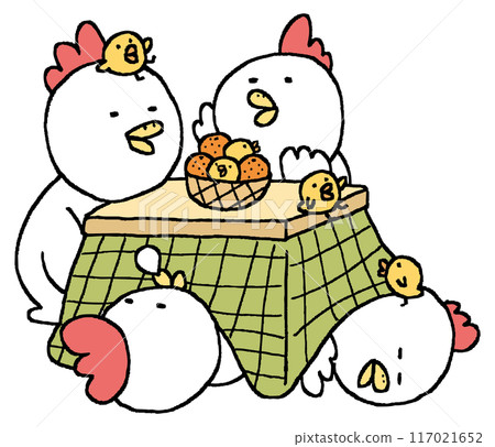 Cute, round chickens and their babies warming themselves in a kotatsu 117021652