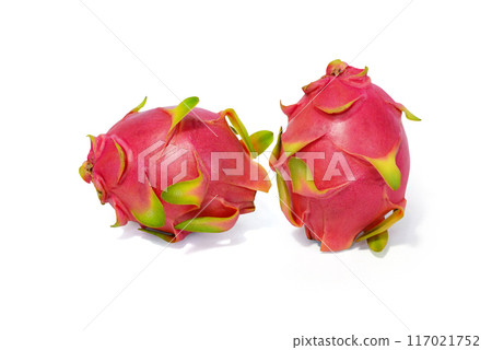 Dragon fruit, red-green peel fruit isolated on white background. Dragon fruit, red-green peel fruit isolated on white background. 117021752