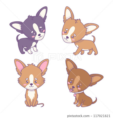 Cute Chihuahua collection. Isolated cartoon funny kawaii animal characters. Vector illustration. Kids collection 117021821