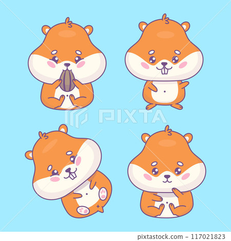 Cute cartoon hamsters kawaii collection. Isolated Funny animal character. Vector illustration. Kids collection Cute cartoon hamsters kawaii collection. Isolated Funny animal character. Vector illustration. Kids collection 117021823