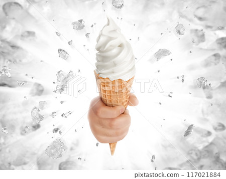 Soft ice cream in hand on background of broken ice Soft ice cream in hand on background of broken ice 117021884