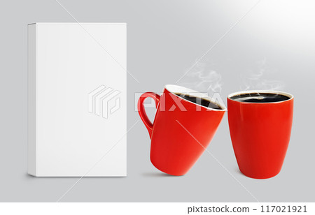 red coffee mug with empty packaging box mockup isolated on gray background 117021921