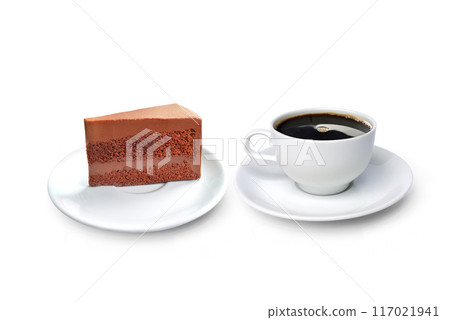 Coffee mug with chocolate cake front view lonely on white Coffee mug with chocolate cake front view lonely on white 117021941