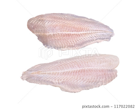 Fresh dolly fish fillet, sliced, isolated on white background. 117022082
