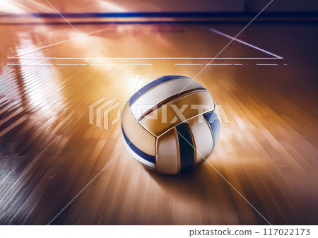 Image background of a volleyball placed on an indoor court 117022173