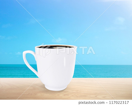 coffee mugs on wooden table There is a sea and sky background. coffee mugs on wooden table There is a sea and sky background. 117022317