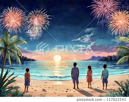 Children on summer vacation watching fireworks from the beach 117022543
