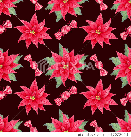 Poinsettia flower with leaves and caramel candies, lollipop. Seamless hand drawn pattern on dark background. Watercolor, marker illustration. Background for winter holidays Christmas, New Year 2025 117022643