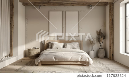 Modern Style Bedroom with Rustic Wooden Elements and Neutral Bedding. Frame mockup 117022824