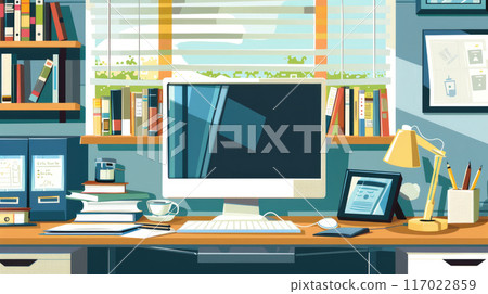 Organized workplace with computer, books, desk lamp and office supplies. Illustration of modern office desk  117022859