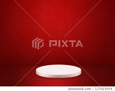 Empty white podium on red background. Mock up stand for product presentation. 3D rendering. Empty white podium on red background. Mock up stand for product presentation. 3D rendering. 117023054