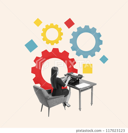 Contemporary art collage. Woman typing amid colorful gears, highlighting intricate mechanisms of development and skill-building. Contemporary art collage. Woman typing amid colorful gears, highlighting intricate mechanisms of development and skill-building. 117023123