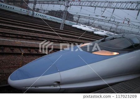 500 series Shinkansen train stopping at Hakata Minami Station_Photo taken on January 14, 2023 117023209