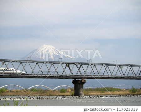 Shinkansen crossing Mt. Fuji and Mount Fuji 117023319