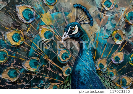 Peacock with brightly colored feathers Peacock with brightly colored feathers 117023330