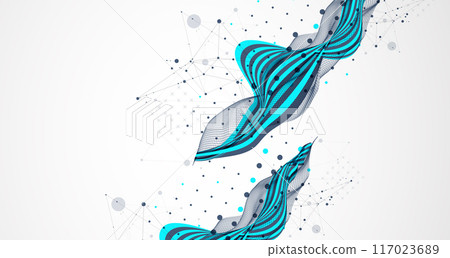 Abstract wavy background with cyan lines and wireframe wave. Hand drawn vector. Abstract wavy background with cyan lines and wireframe wave. Hand drawn vector. 117023689
