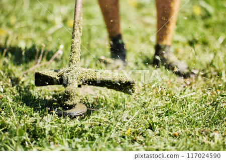 Close up of weed trimmer drum with protective guard and string while cutting grass. 117024590