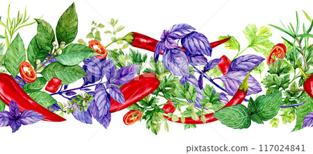 Seamless pattern with kitchen herbs. Rosemary, thyme, chili, basil, mint, bay leaf. Watercolor illustration. Spices of Italian cuisine, linear composition on a white background. Plants of Provence. 117024841