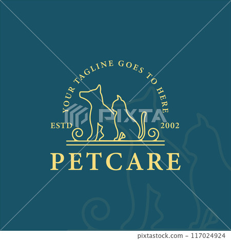 dog and cat line art simple logo vector illustration template icon graphic design. pet shop sign or symbol for business concept with typography style 117024924