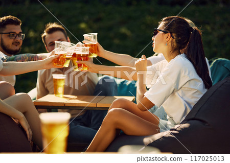 People meeting for a picnic, friends sitting together and drinking beer, clinking glasses, sharing joy and good conversations People meeting for a picnic, friends sitting together and drinking beer, clinking glasses, sharing joy and good conversations 117025013