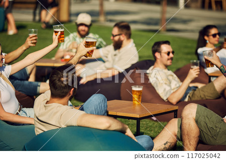 Sunny Celebration. Group of friends, gathering for a picnic, sharing laugh and engaging conversation while clinking beer glasses. 117025042