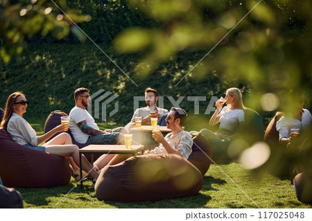 Young people sitting in public park, gathering for picnic, sitting on beanbag chairs on grass and enjoying refreshing beer 117025048