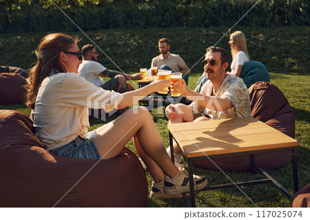 Friends gathering and attending picnic, toasting with cold beers, sitting on beanbag chairs. Enjoying sunny day outdoors 117025074