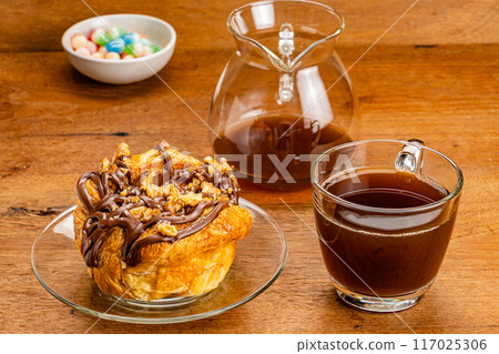 High angle view of delicious homemade chocolate butter bun. 117025306