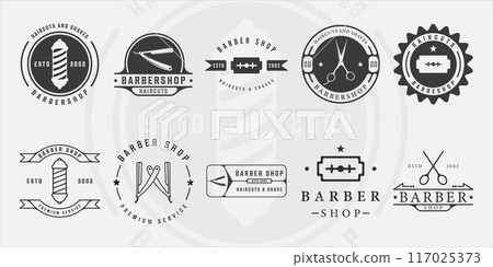 set of minimalist barbershop logo line art vintage vector illustration template icon graphic design. bundle collection of various barber shop sign or symbol for business retro concept 117025373