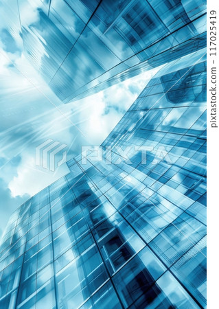 Modern glass skyscrapers reaching toward a bright blue sky during daytime. Generative AI 117025419