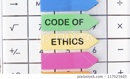 Business and code of ethics concept. Copy space. Concept words Code of ethics on stickers on the background of the calculator 117025685