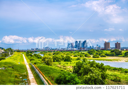 日本八月的東京城市景觀。綠意盎然的多摩川和武藏小杉站前的Tower Man群組…頭頂的雲投下陰影...=8月1日 117025711