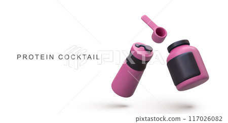 3d container protein powder and shaker water bottle on white background. Vector illustration. 3d container protein powder and shaker water bottle on white background. Vector illustration. 117026082