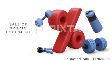 3d realistic sale of sports equipment on white background. Vector illustration. 117026096